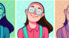 Koffler Samantha computer animation of female with glasses in pop colors.