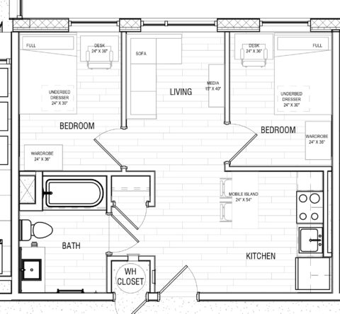Floor plan of a 2-bedroom apartment in Lynn University's Capstone Apartments.