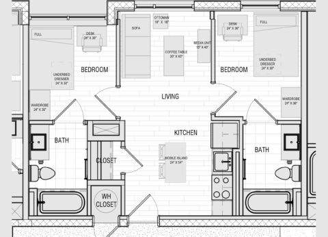 Floor plan of a 2-bedroom apartment in Lynn University's Capstone Apartments.