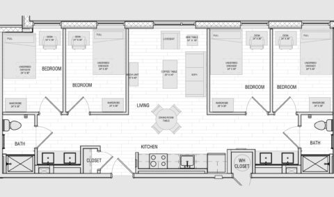 Floor plan of a 4-bedroom apartment in Lynn University's Capstone Apartments.