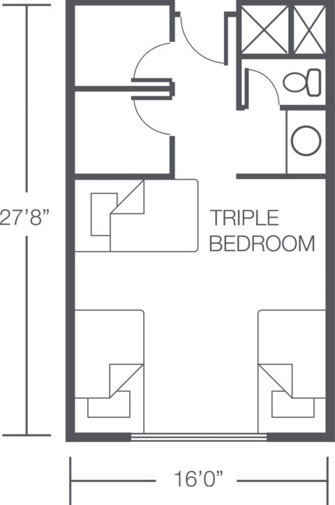 Eugene M. Lynn Residence Hall floor plan, including one triple bedroom and bathroom. Measurements are 27' by 16'.