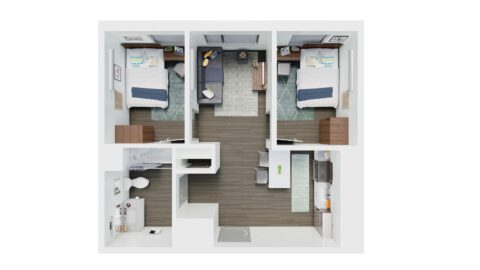 Rendering of a full 2-bedroom apartment in Lynn University's Capstone Apartments.