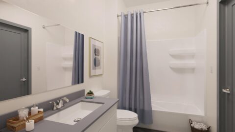 Rendering of studio apartment bathroom in Lynn University's Capstone Apartments.