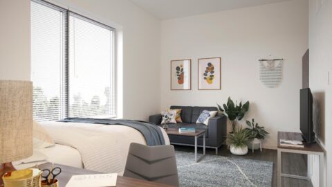 Rendering of studio apartment bedroom area in Lynn University's Capstone Apartments.