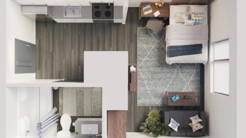 Rendering of a one bedroom studio apartment in Lynn University's Capstone Apartments.