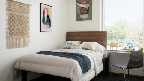 Rendering of a bedroom in a 2-bedroom apartment in Lynn University's Capstone Apartments.