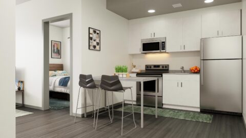 Rendering of a kitchen in a 2-bedroom apartment in Lynn University's Capstone Apartments.
