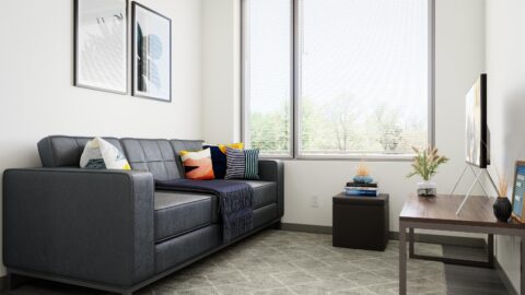 Rendering of a living room in a 2-bedroom apartment in Lynn University's Capstone Apartments.