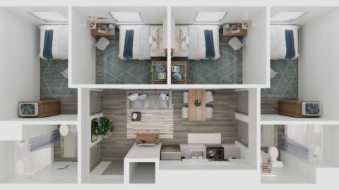 Rendering of a full 4-bedroom apartment in Lynn University's Capstone Apartments.