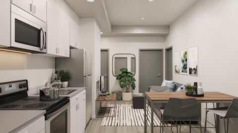 Rendering of a kitchen in a 4-bedroom apartment in Lynn University's Capstone Apartments.