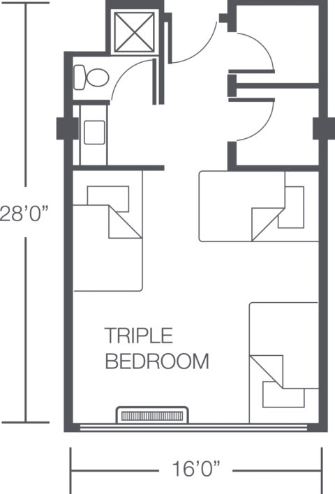 Lynn Residence Hall floor plan, with one triple bedroom including 3 beds and a bathroom.