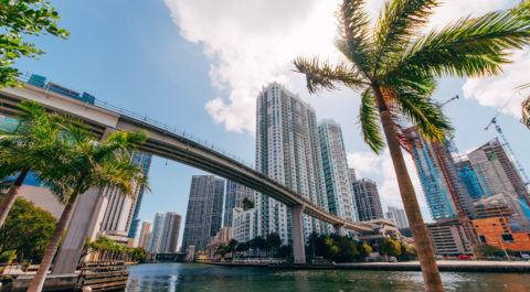 A view of the bridge and skyline in Miami, Florida.