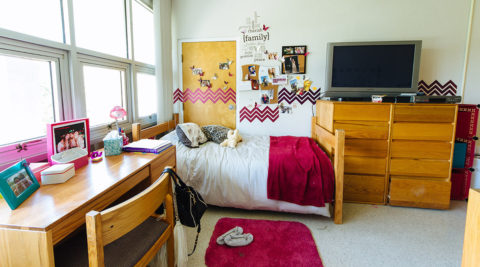 Dorm room with one desk and chair, twin-size bed, dresser with TV on top and student decor on the walls in Lynn's Residence Center.