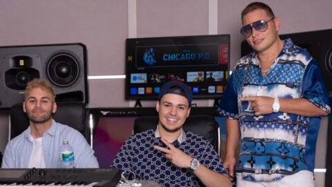 Danny Mozlin (founder and CEO of mozverse) Lynn student Zach Hirsch '24, and famous producer Scott Storch
