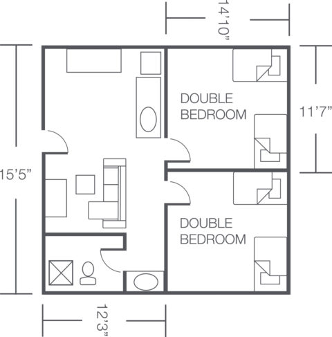 Perper Residence Hall first story suite floor plan with two double bedrooms, one bathroom, common area and kitchenette.