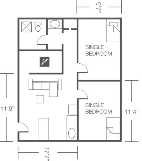 Perper Residence Hall two-story suite plan with two single bedrooms, one bathroom, common area and kitchenette.
