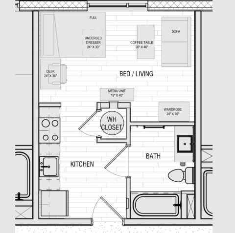 Floor plan of a studio apartment in Lynn University's Capstone Apartments.