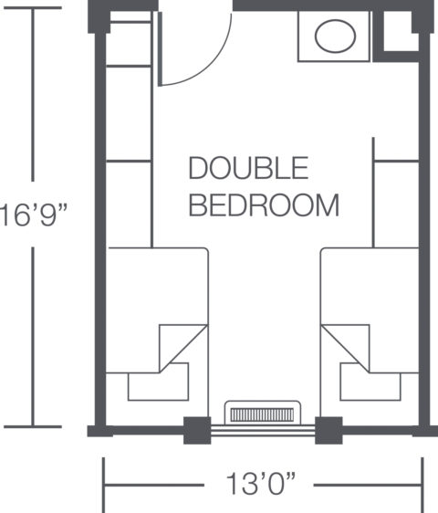Double Bedroom floor plan at Trinity Residence hall, 16' by 13'. Two twin beds included in the plan.