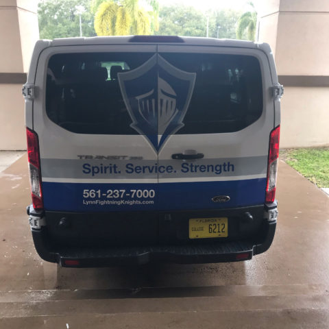 Van wrap for Lynn Fighting Knights on the back doors of van