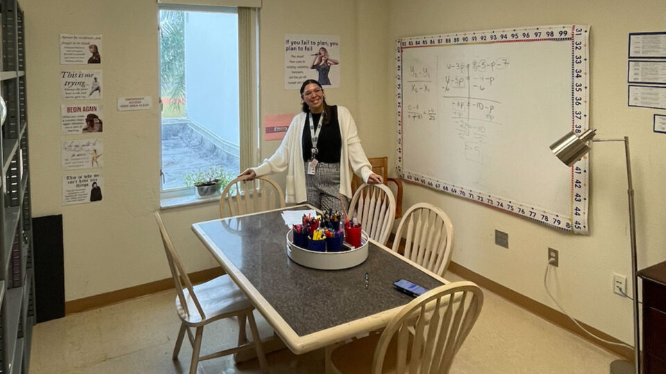 Lisbeth Diaz Rodriguez in her newly created "Learning Lounge" at West Boca Raton High School. The lounge is a space for students who need additional support in learning math concepts.