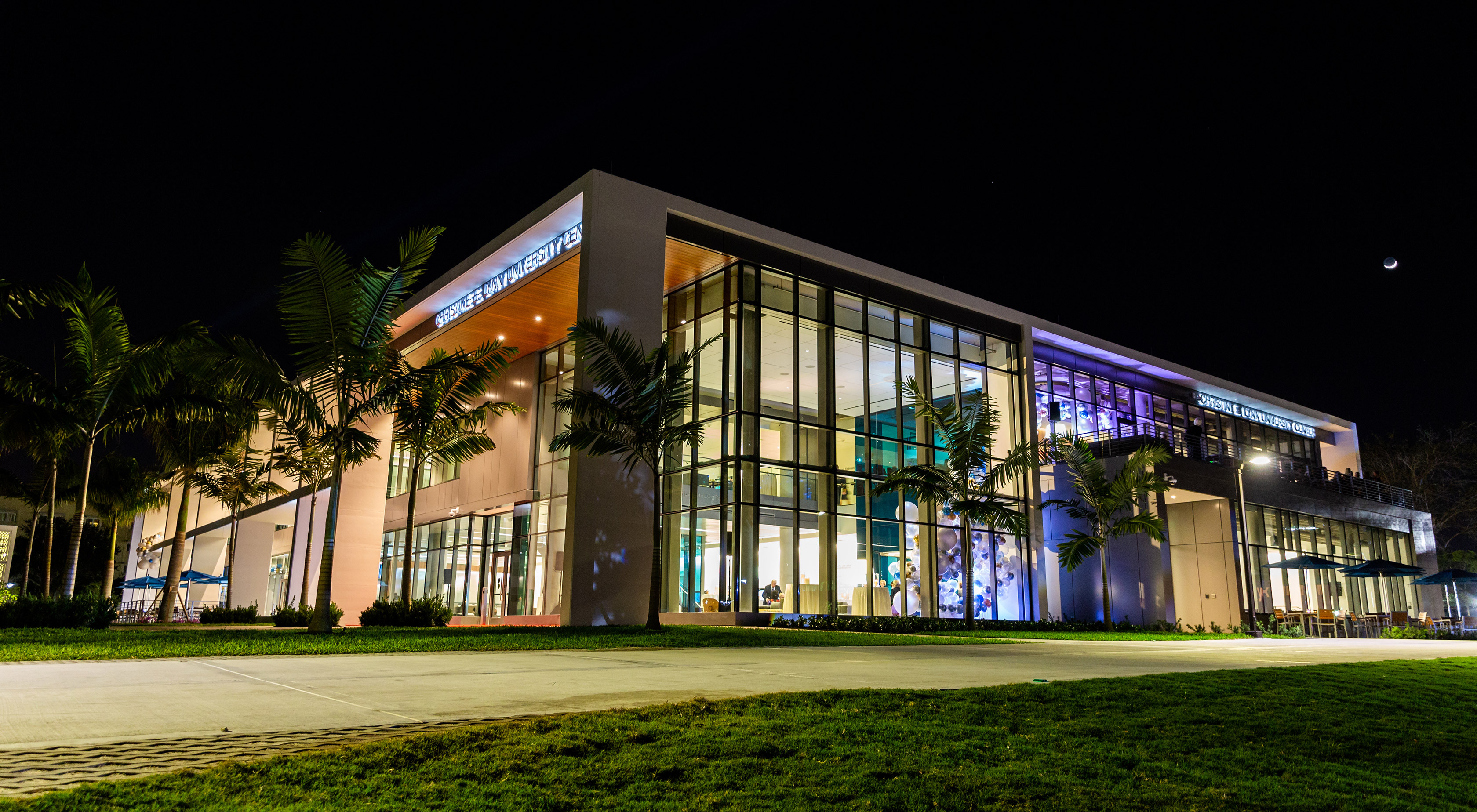 Christine E. Lynn University Center light up at night.