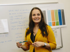 Marketing MBA graduate shows students in the classroom how to develop marketing campaigns.