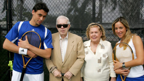Luca Pavanelli, Harold and Mary Perper and Tessie Salame on a court in Perper Tennis Complex