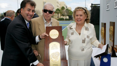 Greg Malfitano and Harold and Mary Perper hold the 2007 NCAA Men's Tennis Championship trophy