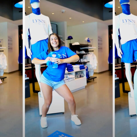 Student models Lynn attire in the campus store