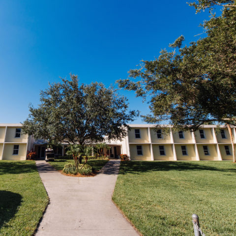 Freiburger Residence Hall on Lynn University campus has two stories with four wings.
