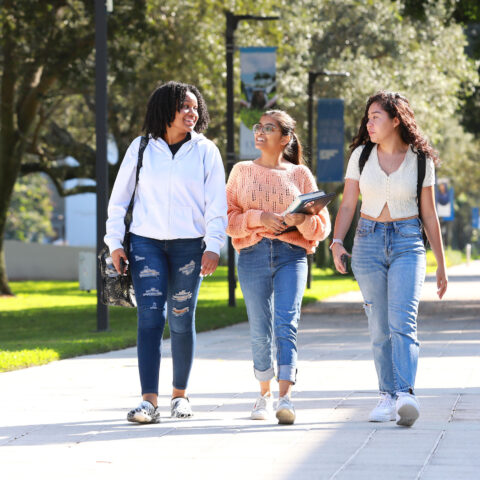 Three students walk together on campus.