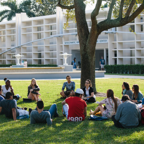Faculty teaching a group of students outside