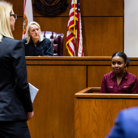 Lawyer questioning a witness at the stand in court.