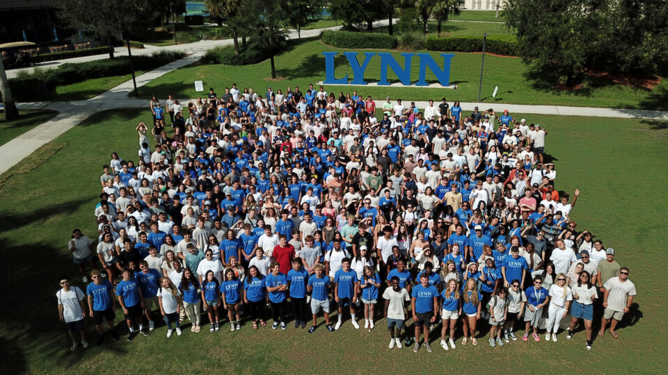 First year students from the class of 2023 take an aerial group picture at Christine's Park.