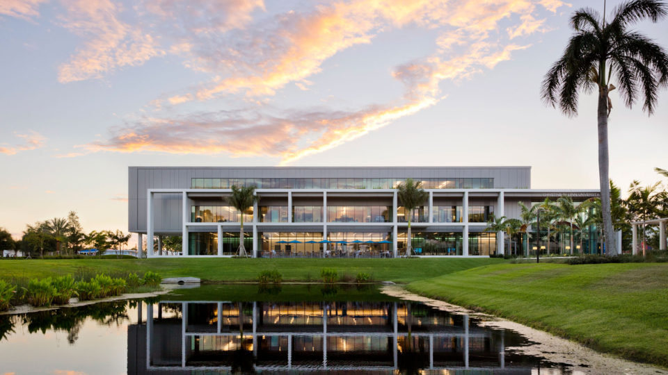 The Christine E. Lynn University Center during a Florida sunset.