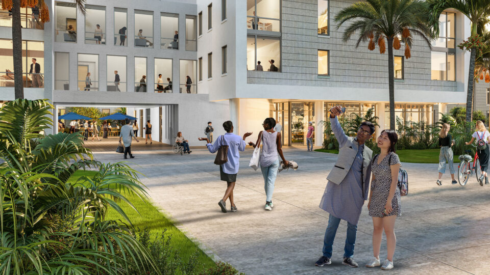 Rendering of Lynn's future on-campus housing with students socializing outside of a residence hall.